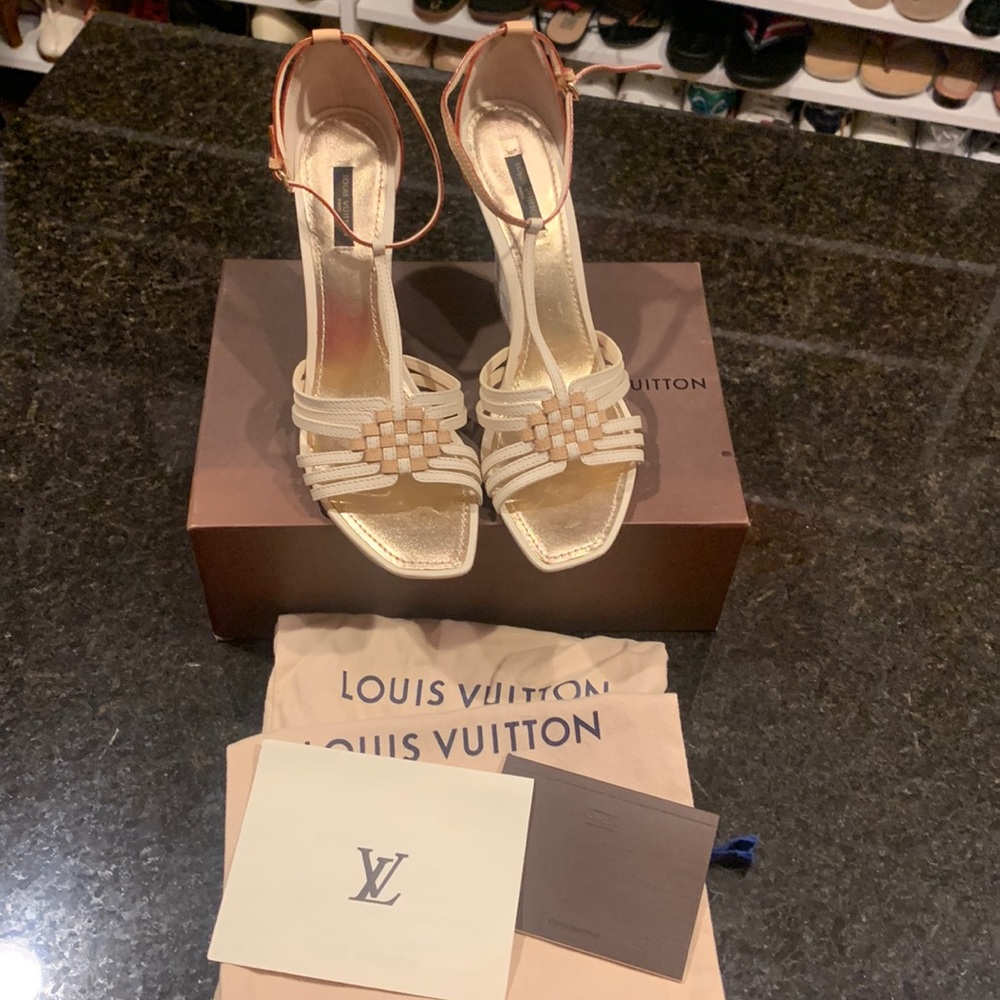 NEW AUTHENTIC LOUIS VUITTON Damier Azur Wedge Sandals